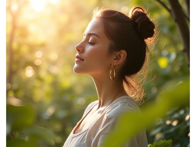 A serene woman practices mindfulness meditation amidst nature with soft sunlight, representing mental wellness.