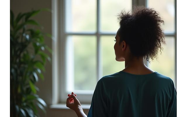 A person calmly reflecting during a quiet moment, representing effective stress management techniques.