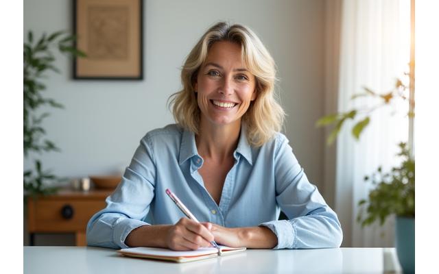 Woman smiling and writing in a notebook, symbolizing personalized lifestyle coaching.